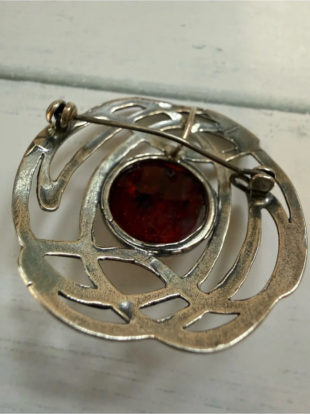Amber Silver-Tone Celtic Brooch - Amber Yellow
